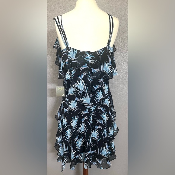 Taylor Womens Ruffle Black Blue Floral Dress w/Lining Summer Travel Size 8 - NEW - Picture 9 of 13